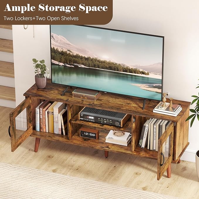 Wood TV Stand for 55 Inch TV, Mid Century Modern Entertainment Center with Adjustable Shelf, Sensor LED Light, 2 Cabinets, TV Media Console for Living Room Bedroom Rustic Brown