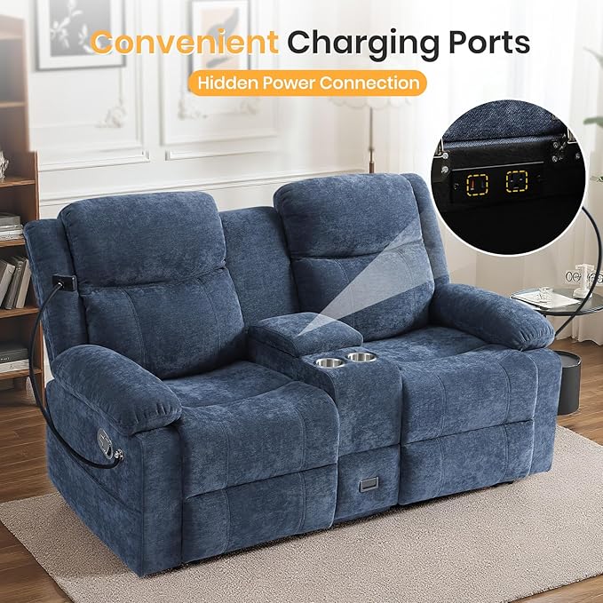 Loveseat Recliner Sofa, Reclining Loveseat with Console, RV Wall Hugger Double Loveseat Recliner Couch for Living Room & Home Theater (Blue)