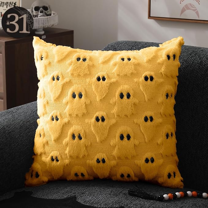 DFXSZ Halloween Pillow Covers 18x18 inch Set of 2 Yellow Ghost Throw Pillow Cases Soft Plush Faux Fur Wool Couch Cushion Case for Chair Sofa Bedroom Living Room Home Decor PTK03H18