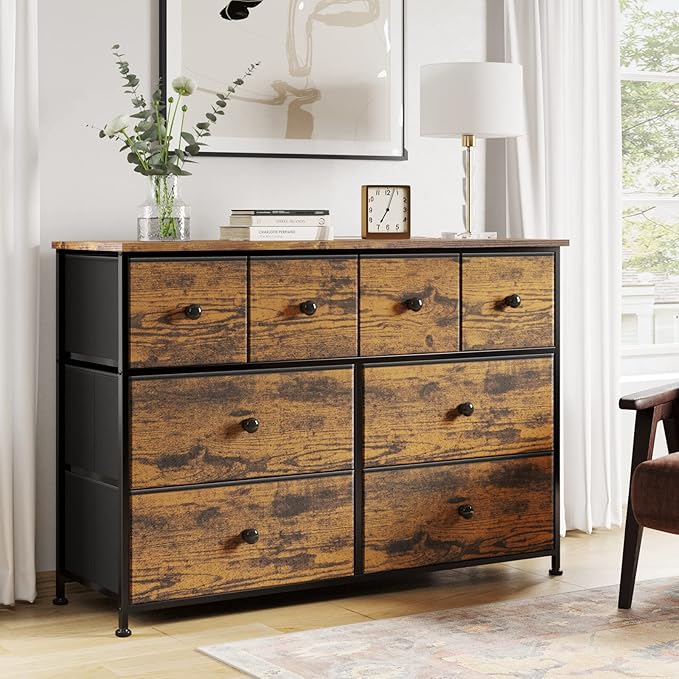 REAHOME Dresser for Bedroom with 8 Drawers Fabric Dresser Chest of Drawers with Wooden Top Sturdy Steel Frame Closet Storage Dresser for Living Room Hallway Closets Nursery (Rustic Brown) LHM8R1