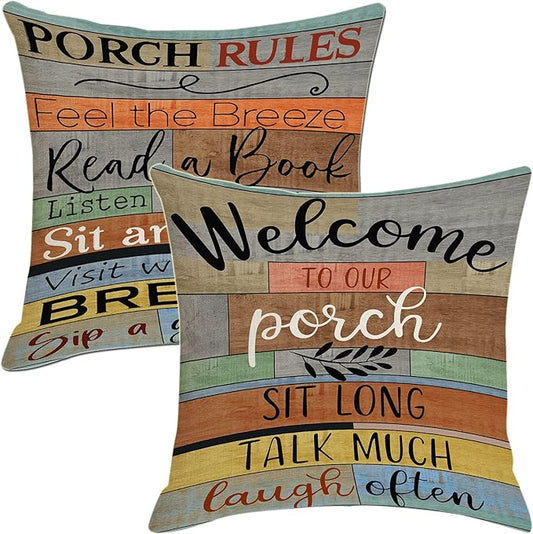 Jartinle Decorative Outdoor Pillow Covers Porch Rules Sign Farmhouse Throw Pillow Covers, Square Linen Patio Cushion Cases for Couch Bench Seat Chair Car 18x18 Inch