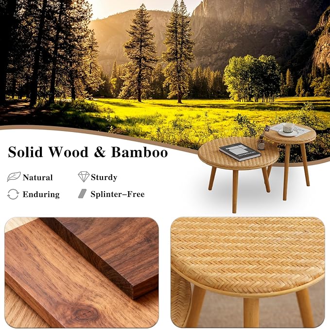 Side Table Set of 2, Coffee Table for Living Room, Farmhouse Circle End Table, Boho Round Coffee Table Natural Finish with Handcrafted Bamboo-Woven Tabletop, Unique Coffee Table
