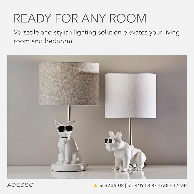 Adesso Sunny Dog Table Lamp – White Ceramic Novelty Lamp for Bedroom and Office Lighting or Living Room Décor, 16” x 8.5”