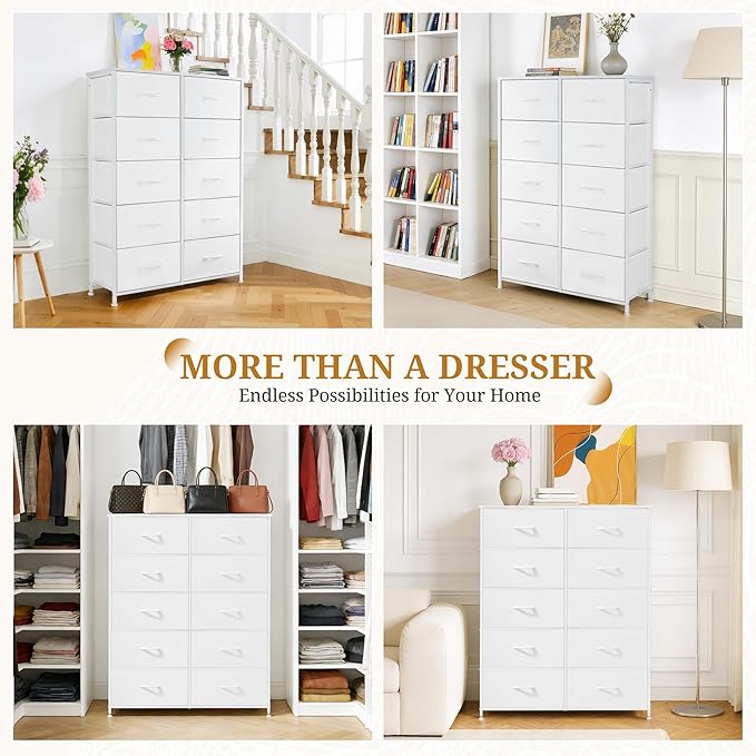 10-Drawer Fabric Dresser, Chest of Drawers Clothes Cabinet for Closet & Bedroom, Storage Organizer with Steel Frame for Entryway, Dorm, Living Room, White