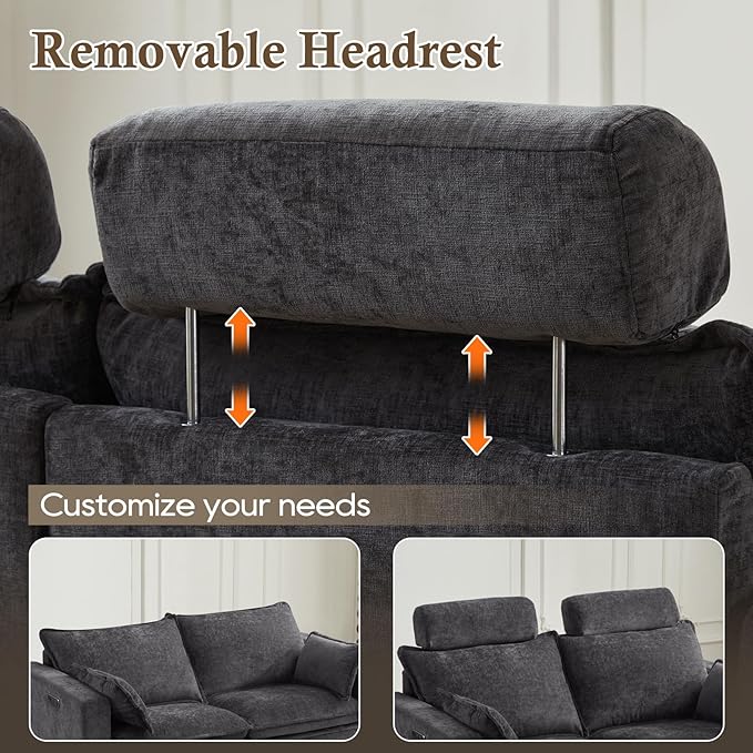 Chenille Power Reclining Sofa Set – 2-Seater Loveseat & 3-Seater Couch with Under-Seat Storage in Middle Seat, Removable Headrests & Throw Pillows, USB Charging Ports (Grey)