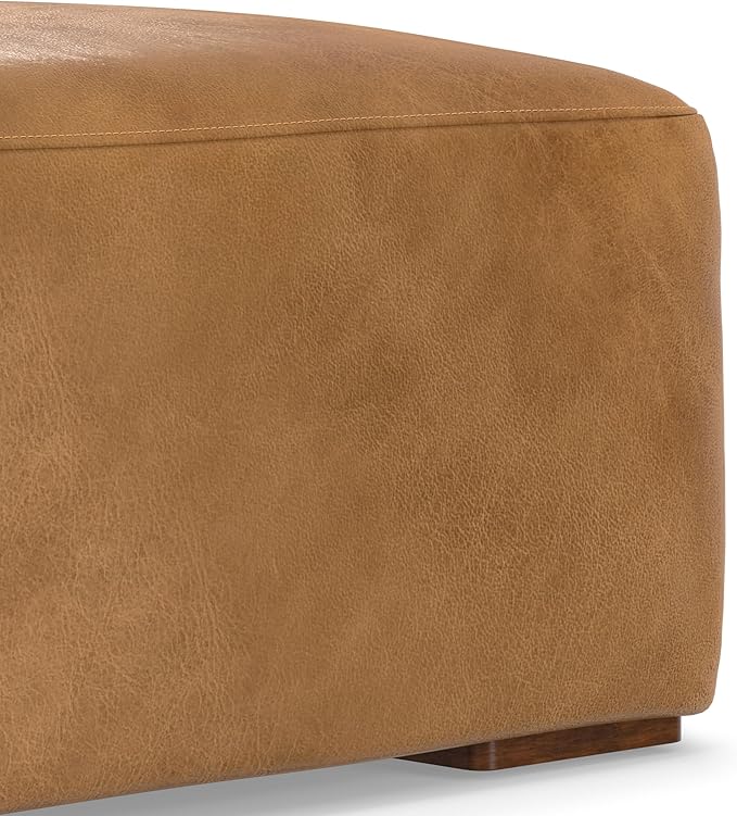 SIMPLIHOME Rex Ottoman - 34 inch Wide Upholstered Genuine Leather Square Ottoman in Sienna, Modern Bench for Living Room or Bedroom with High-Density Cushion, Assembled