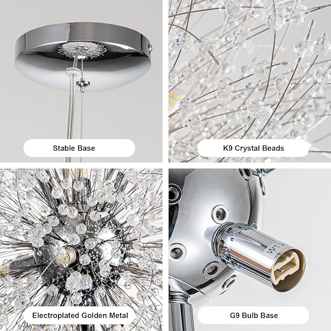 SineRise Modern Crystal Chandeliers Firework, Crystal Light Fixture, Dandelion Chandelier (9-Light, Chrome) for Foyer Hallway Entryway Kitchen Bedroom (Bulbs Not Included)