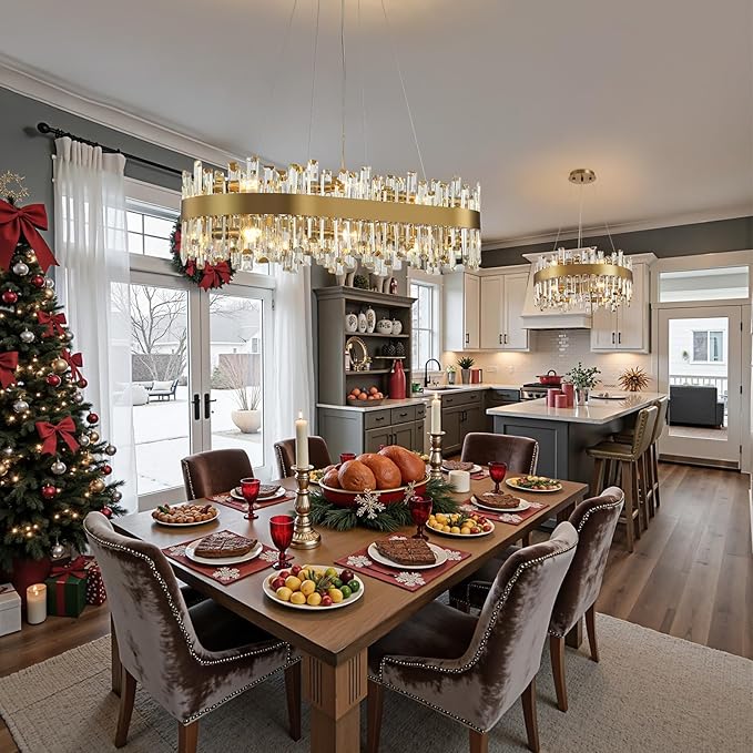 Modern Gold Crystal Chandelier, 12-Light Luxury Dining Room Chandelier, Elegant K9 Crystal Pendant Ceiling Light Fixture for Living Room, Kitchen, Entryway, E12 Base, 59" Adjustable Wire
