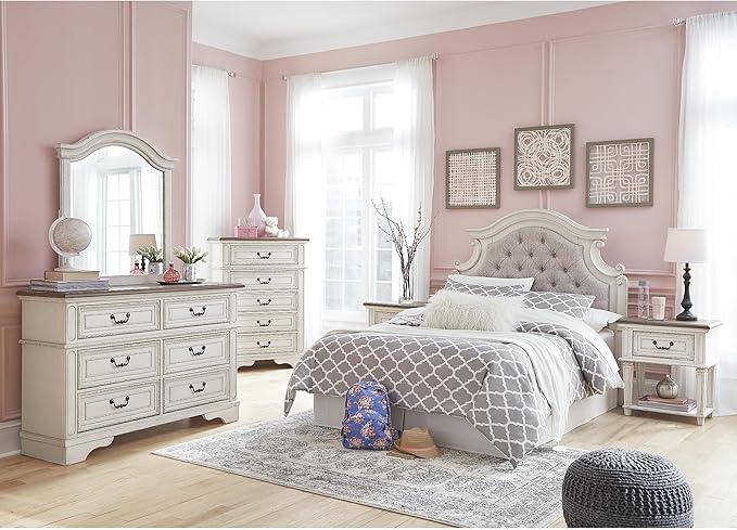Signature Design by Ashley Realyn Cottage 6-Drawer Dresser and Mirror with Safety Stop and Felt-Lined Top Drawer, White