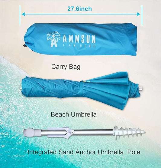 AMMSUN 6.5ft Twice Folded Portable beach umbrella with Sand Anchor Windproof Tilt Pole Air vent UPF 50+ Protection Fits in a large Suitcase Compact For Travel Patio Garden Pool Backyard Sky Blue