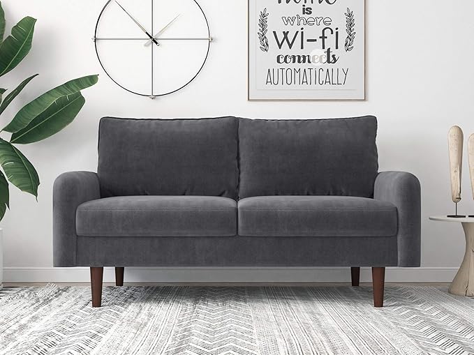 Container Furniture Direct Americus Velvet Upholstered Sofa and Loveseat Set, Couches for Living Room with Luxurious Mid Century Modern Design and Wooden Base, 2 Piece, Grey