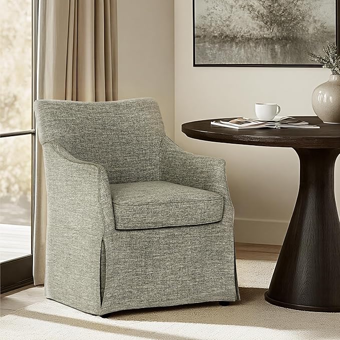 Martha Stewart London Dining Chair - Solid Wood & Plywood, Skirted Metal Base Accent Armchair, Lumbar Pillow -Modern Classic Family Dining Room Furniture 25" W x 26" D x 34" H, Grey