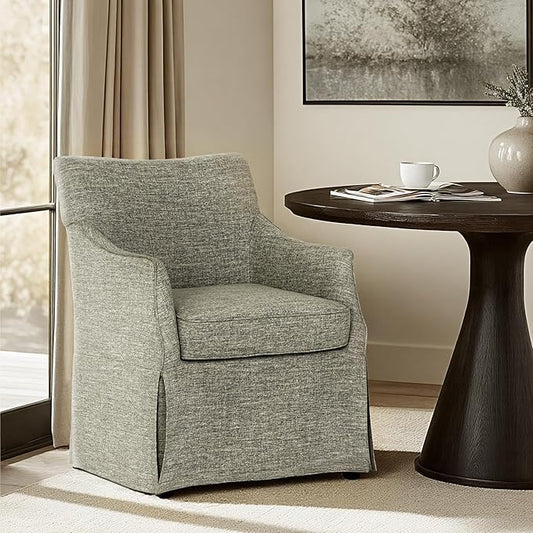 Martha Stewart London Dining Chair - Solid Wood & Plywood, Skirted Metal Base Accent Armchair, Lumbar Pillow -Modern Classic Family Dining Room Furniture 25" W x 26" D x 34" H, Grey