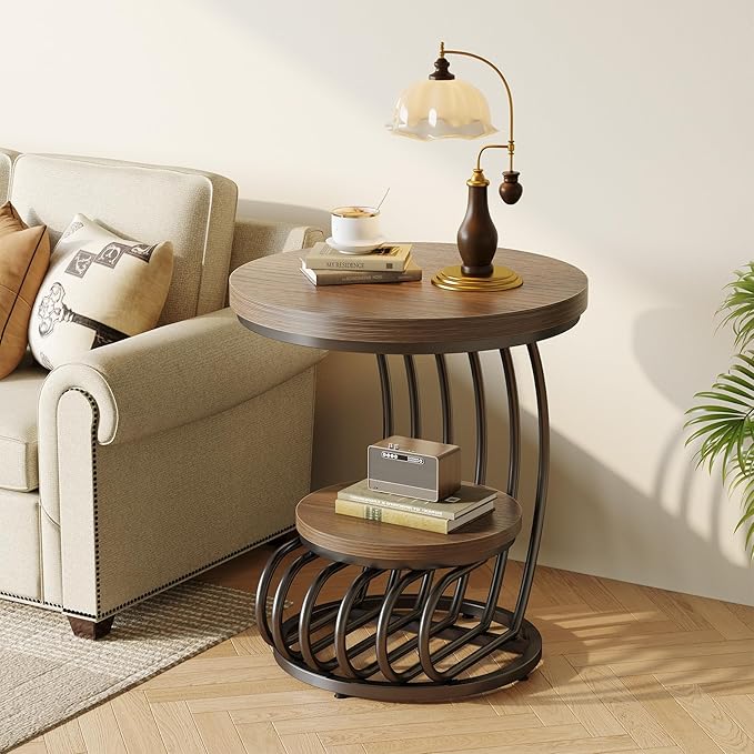 LITTLE TREE Round Side Table, Wood End Table with 2-Tier Storage Shelf, Accent Coffee Table, Creative Curved Metal Frame End Table for Small Spaces, Living Room, Bedroom, Light Brown + Black