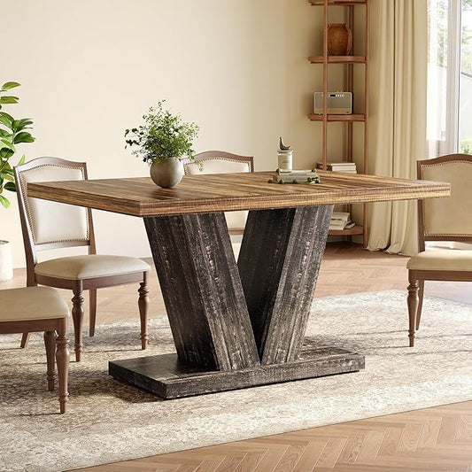 LITTLE TREE 47 Inches Dining Table for 4, Modern Dining Room Tables, Rectangle Kitchen Table with V-Shaped Pedestal, Wooden Dinner Table for Dining Room, Living Room (Rustic Brown & Carbon Black)