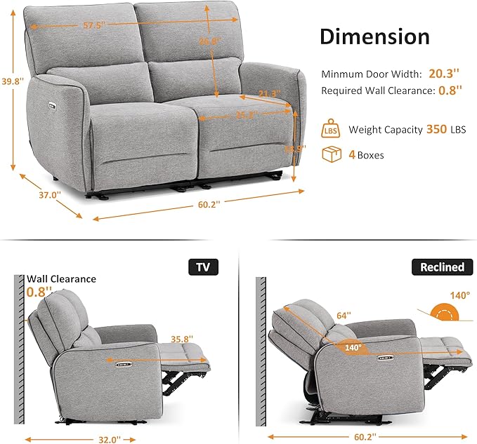 MCombo 60" Wall Hugger Power Loveseat Recliner Sofa with Adjustable Headrest, RV Reclining Loveseat with USB and Type C Charge Ports for Living Room 6924 (Light Grey, Loveseat)