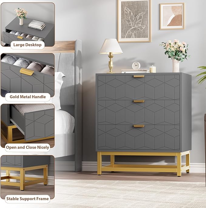 GAOMON 3 Drawer Dresser, Wood Chest Drawers with Storage for Closet, Bedroom, Drawers Dresser Modern Bedside Nightstand with Gold Handles, Grey