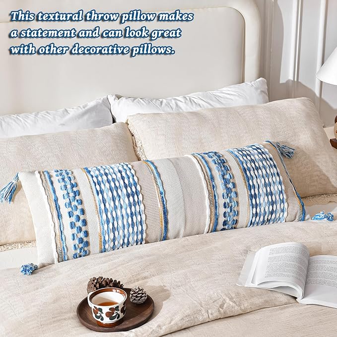 AmHoo Chenille Striped Textured Boho Throw Pillow Covers Aesthetic with Tassels Woven Decorative Pillow Case for Couch Bed Sofa Bedroom Modern Funky 14 x 36-Inch Sky Blue