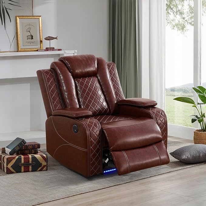 Power Recliner Sectional Couch with LED, Leather Reclining Sofa for Living Room, Muti-Functional Recliner Corner Sofa with Storage Console/Cup Holders/USB Ports (Dark Red, Chair)