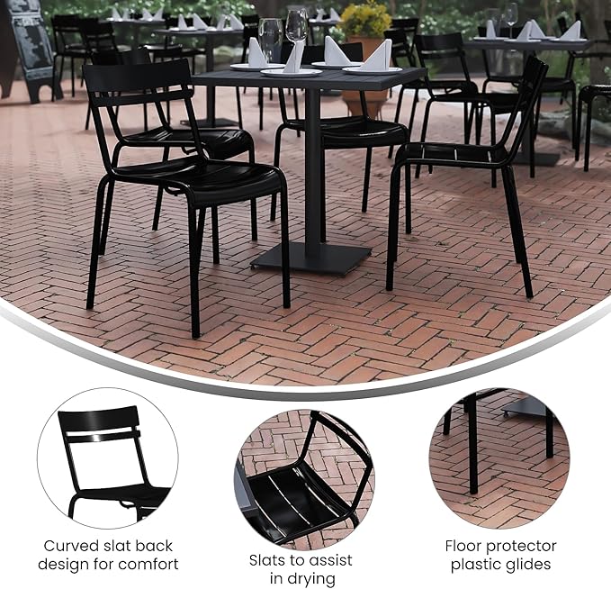 Flash Furniture Nash Commercial Grade Steel Stack Chair, Indoor-Outdoor Armless Chair with 2 Slat Back, Set of 4, Black
