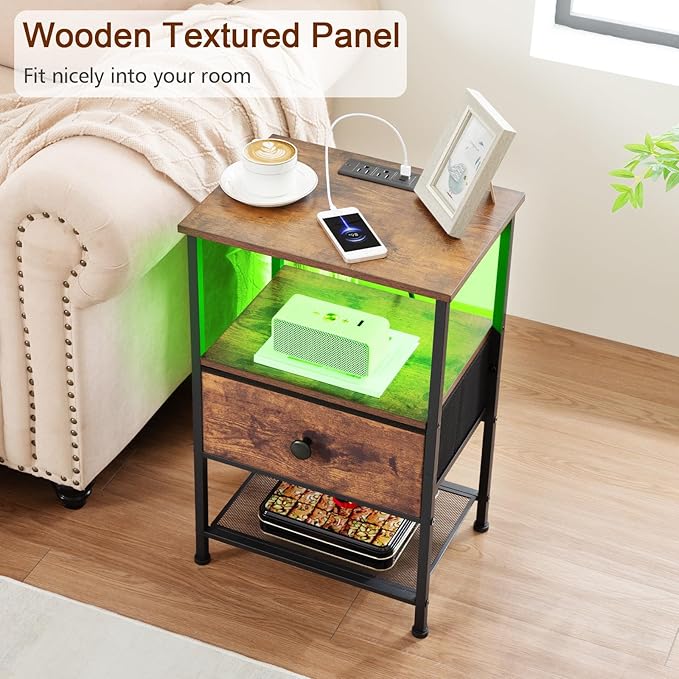 Night Stand Set 2, LED Nightstand with Charging Station, End Tables Living Room with Fabric Drawer for Small Spaces, Bed Side Tables with Storage Shelf for Bedroom, Brown, HETS01PBR