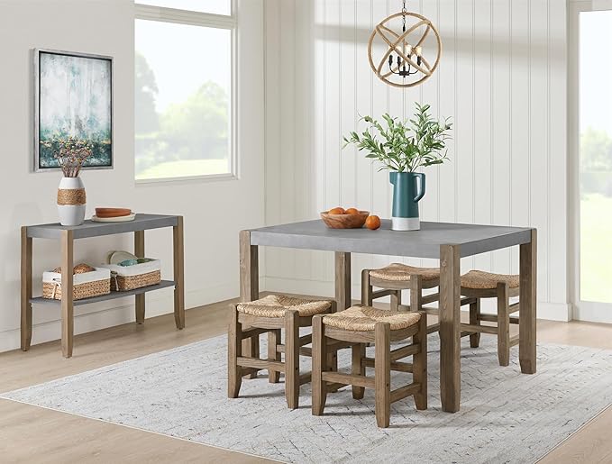 Alaterre Furniture Newport Kitchen Table Collection – Rustic Industrial 6-Piece Dining Set – Includes Kitchen Table with Faux Concrete Top, 4 Rush-Seat Stools & Side Buffet Console for Small Spaces