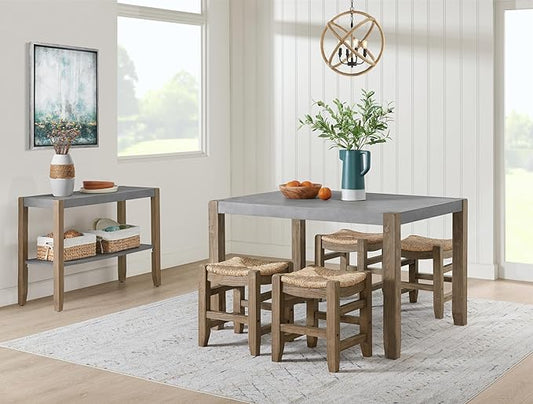 Alaterre Furniture Newport Kitchen Table Collection – Rustic Industrial 6-Piece Dining Set – Includes Kitchen Table with Faux Concrete Top, 4 Rush-Seat Stools & Side Buffet Console for Small Spaces