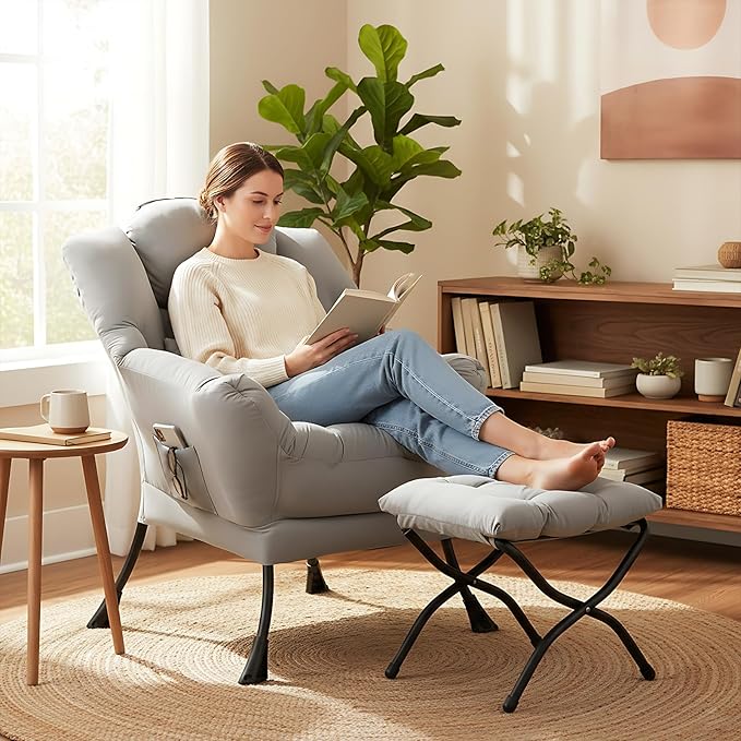 Lazy Chair with Ottoman, Modern Lounge Chair with Lumbar Pillow, Accent Cozy Reading Armchair and Folding Footstool for Bedroom, Dorm, Living Room,Light Grey