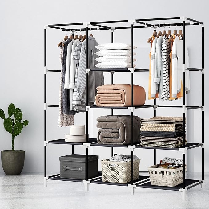 51 Inch Grey Portable Closet Bundle with 51 Inch Black Portable Wardrobe with 4 Hanging Rods, 16 Storage Organizer Shelves, Durable and Easy to Assemble