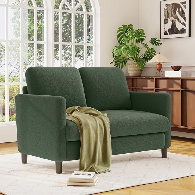 Welzona Loveseat, 51" Small Couch, Comfy Teddy Love Seat for Living Room, Tool-Free Setup Loveseat Sofa for Small Spaces, All-Wood Small Sofa Couch for Bedroom, No Pillow Included, Green