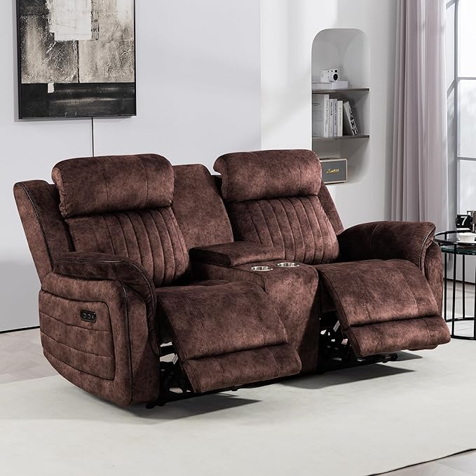Power Zero Gravity Reclining Loveseat with Adjustable Headrest, Double Reclining Loveseat with Console, Power Loveseat Recliner with USB & Type-C Ports for Living Room (Brown)