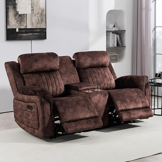Power Zero Gravity Reclining Loveseat with Adjustable Headrest, Double Reclining Loveseat with Console, Power Loveseat Recliner with USB & Type-C Ports for Living Room (Brown)