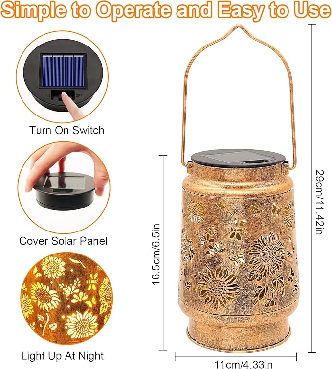 2 Pack Sunflower Solar Lanterns Garden Decor, Gifts for Women Mom Grandma Birthday, Metal Hanging Solar Lights Outdoor Waterproof LED Decoration with Shepherd Hook Outside for Yard Patio Lawn Porch