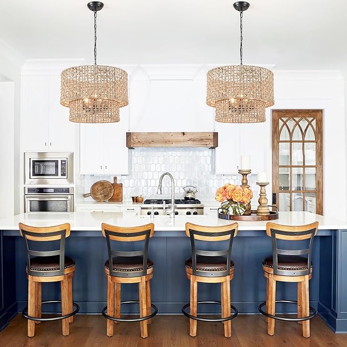 5-Light Boho Rattan Chandelier Light Fixture 19" Large Hand Woven Rustic Chandeliers Farmhouse Drum Hanging Light for Living Room Dining Room Kitchen Island Foyer Entryway, E12