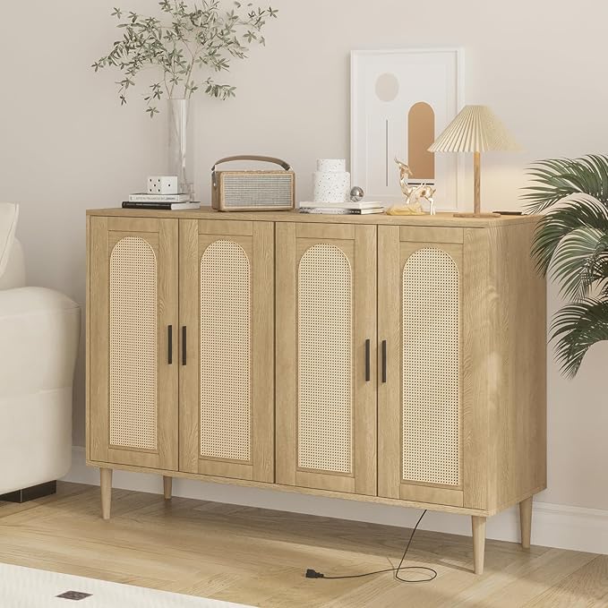 Rattan Sideboard Buffet Cabinet, Boho Accent Storage Cabinet, 4 Doors Console Table Coffee Bar with Power Outlet, Adjustable Shelves for Kitchen, Dining Room, Hallway, Living Room