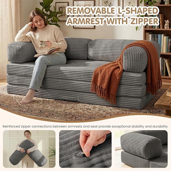 JUIKURY Folding Sofa Bed, Convertible Sleeper Chair with Pilow Foldable Matress, 2 in 1 Pull Out Loveseat Sofa Portable Fold Out Chair Bed Floor Couch Lounge for Living Room (Grey, Queen-82"L x 60"W)