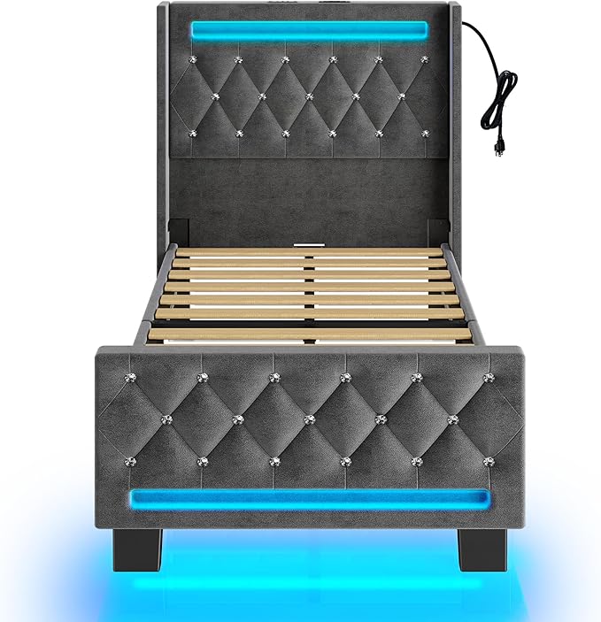 Rolanstar Twin Bed Frame with LED Light and Charging Station, Upholstered High Headboard and Footboard, Wood Slats, Noise Free, Easy Assembly, Grey