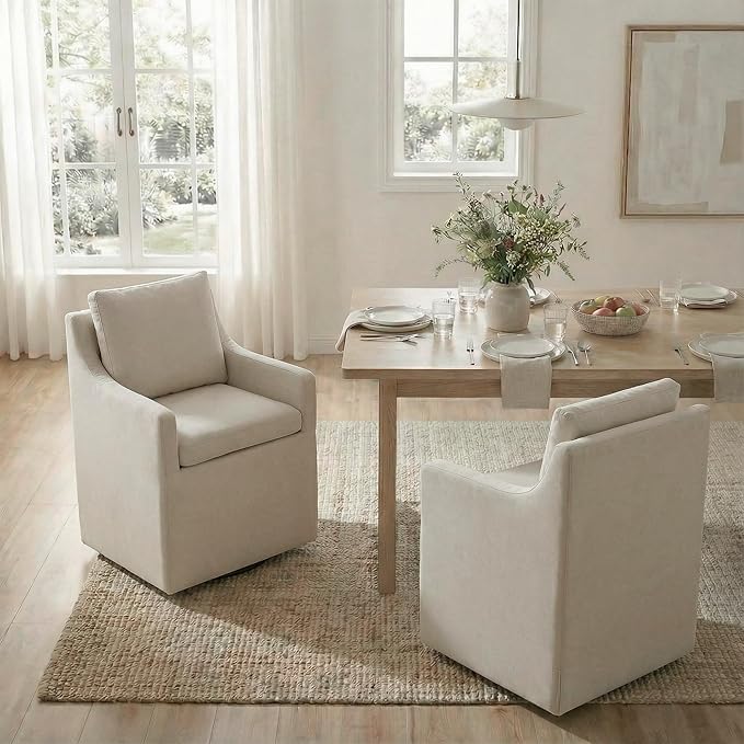 Upholstered Dining Chairs Set of 1, Modern Dining Room Chairs with Casters & Washable Cover, Rolling Accent Chair with Hidden Storage for Kitchen, Farmhouse, Living Room, Flax Beige, 1 Box