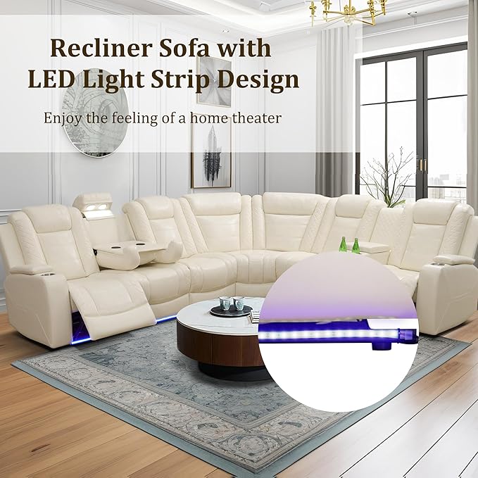 Power Recliner Sofa Set with LED, Breathing Leather Sectional Couch for Living Room, Living Room Furniture Set L Shaped Reclining Couch and Chair with Cup Holders&Storage (Cream White Upgraded)