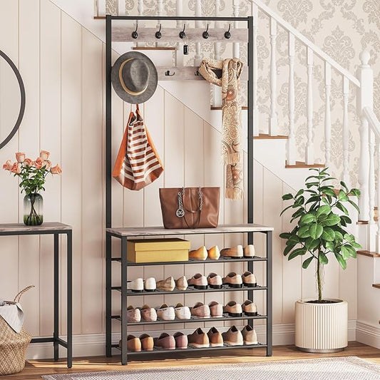 HOOBRO Hall Tree, Coat Rack with Shoe Rack, Hall Tree with Bench, 5 Tier Shoe Storage Organizer with 9 Hooks for Entryway, Closet, Sturdy, Industrial, Greige and Black BG80MT01G2