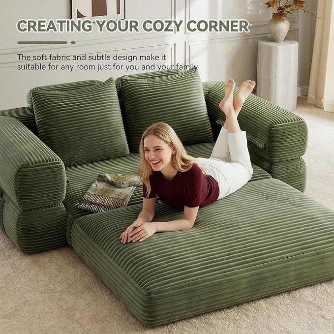 Jocoevol 4-in-1 Convertible Folding Sofa Bed, 68"L x 78"W Queen Size Foldable Sleeper Sofa Bed, Wide Corduroy Upholstery, Boneless Mattress Couch with Armrests & Neck Pillow for Living/Bedroom, Green