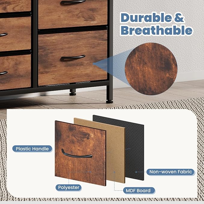 DUMOS TV Stand 7 Drawer Dresser for Bedroom with Storage TV Stands for Living Room Grey, Farmhouse Entertainment Center Media Console Table with Metal Frame Adjustable Feet