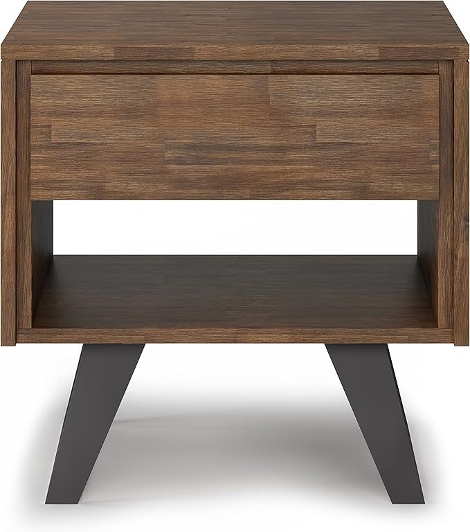 SIMPLIHOME Lowry End Table - 22 inch Wide Solid Acacia Wood Square Accent Table with Drawer and Open Shelf in Rustic Natural Aged Brown, Modern Industrial Lamp Stand with Angled Legs for Living Room