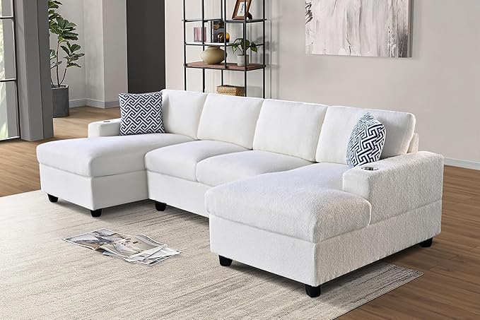 Ball & Cast 124" U-Shaped Sectional Sofa Couch for Living Room with Double Chaise,Cup Holders & Pillows,4 Seat Sherpa Upholstered Modern Modular Sectional Sofa Couches Set,for Home,Office,Beige