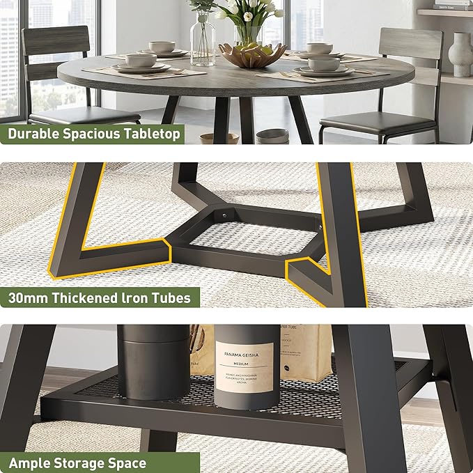 Round Dining Table for 4-6 with Storage Shelf, Kitchen & Dining Room Circle Pedestal Table, Heavy Duty Metal Frame & Wood Top