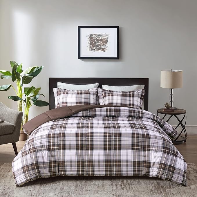 Madison Park Essentials Parkston Plaid Comforter, Matching Sham, 3M Scotchguard Stain Release Cover, Hypoallergenic All Season Bedding-Set, King/California King, Brown, 3 Piece