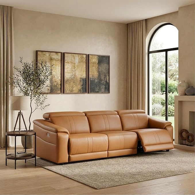 Breathing Leather Recliner Sectional Sofa, Reclining Sectional Couch with Adjustable Headrest&Storage Console, L Shaped Couch with Dual Recliner for Living Room (Three Seater Sofa)