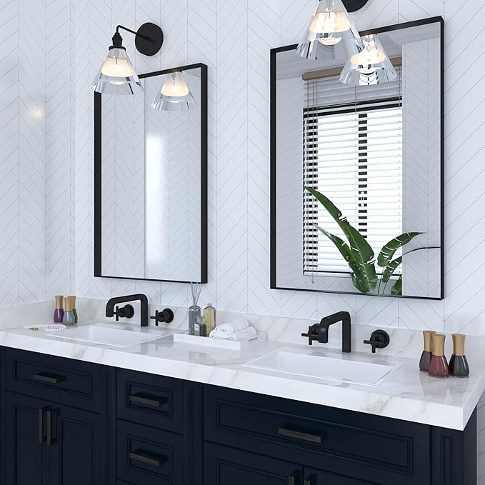 VocalStar Black Metal Framed Bathroom Mirror for Wall, 24 x 36 Inch Square Corner Rectangle Black Bathroom Vanity Mirror Modern Farmhouse, 1/4-inch Shatterproof Glass | Ultra-Flush Hanging