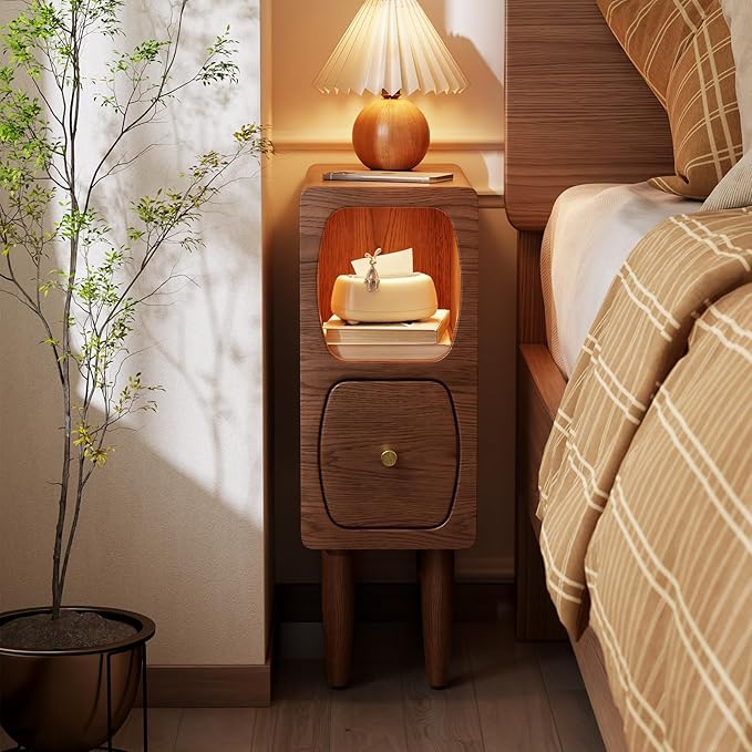 Solid Wood Skinny Nightstand Slim Nightstand with Drawer,Modern Narrow Bedside Table,Narrow Skinny Side Table for Bedroom,Walnut