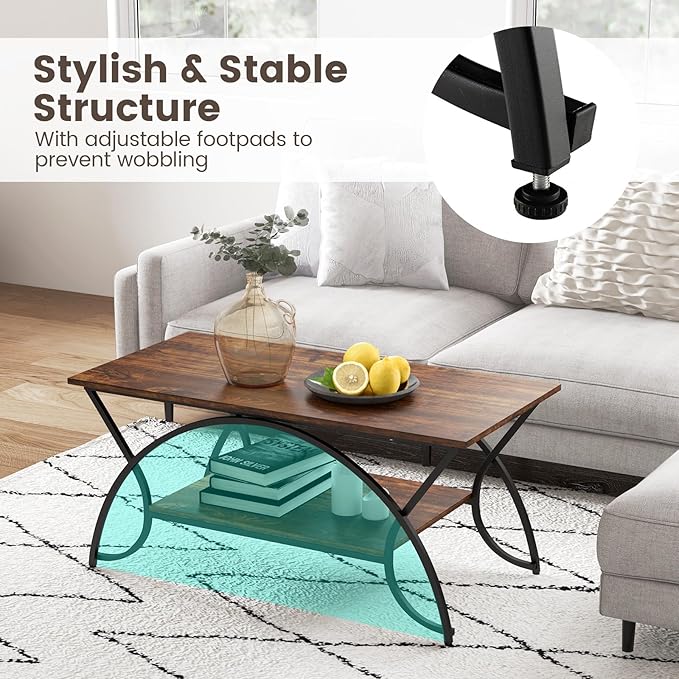 COSTWAY 2-Tier Coffee Table, Industrial Wood Accent Table with Storage Shelf and Black Finished Metal Frame, Chic Rectangular Side End Table for Living Room Office Lounge (Coffee)